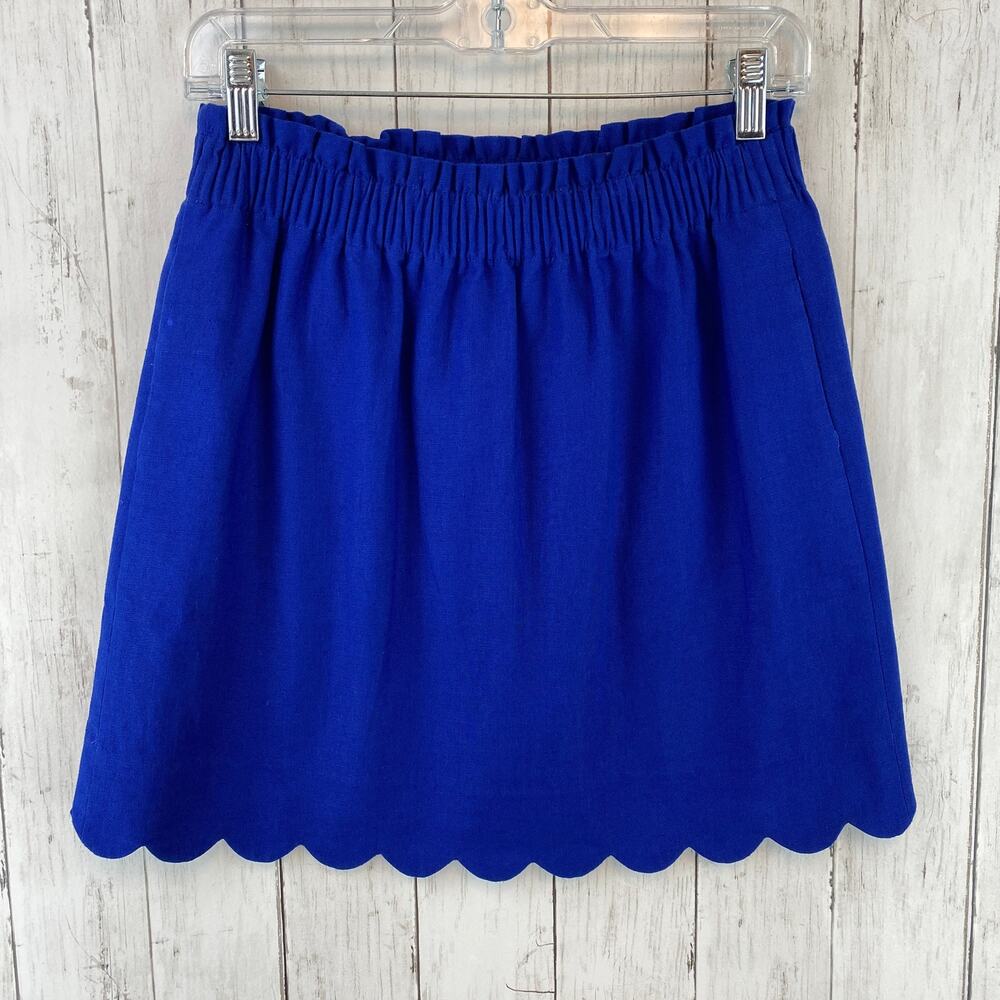 J. Crew Blue Linen Paperbag-Waist Scalloped Sidewalk Mini Skirt H5397 Size 2 - Picture 2 of 10